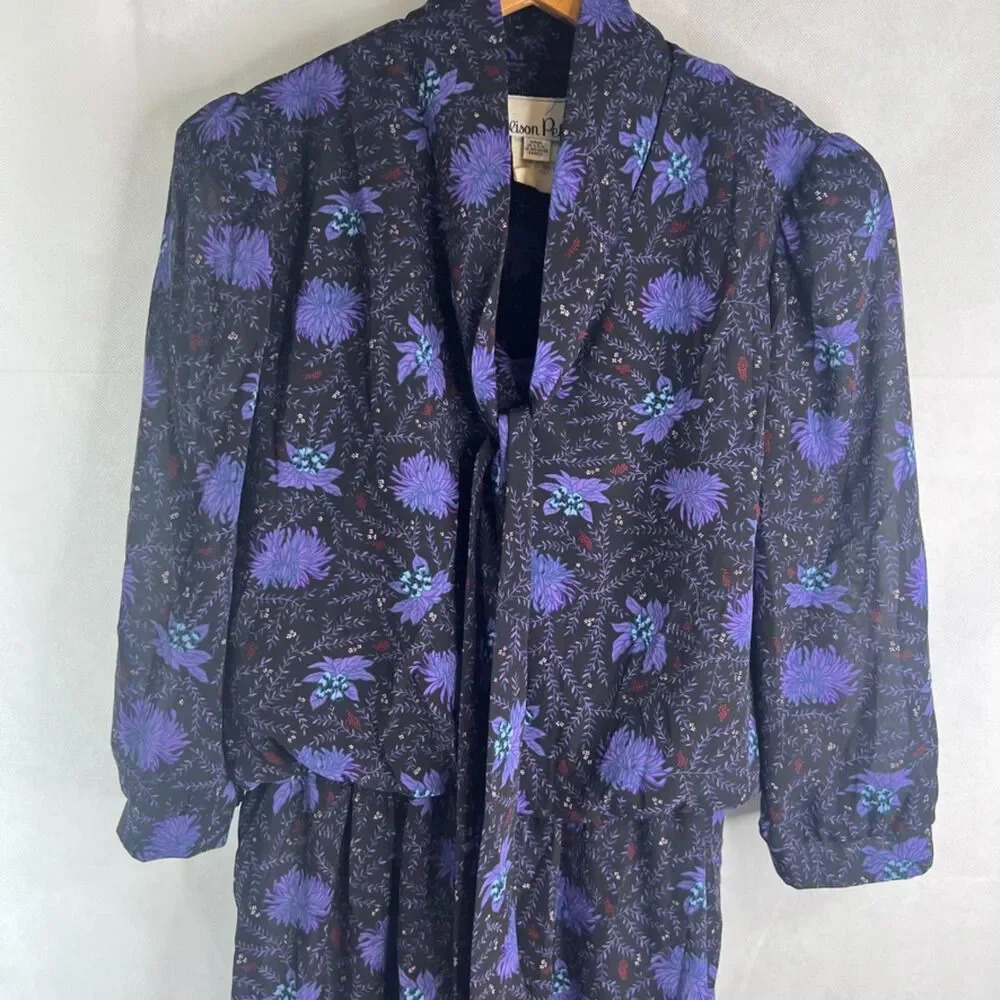 Alison Peters VTG Made in USA Purple Floral Blouson‎ Tie Neck Maxi Dress SZ 14 - Picture 3 of 9